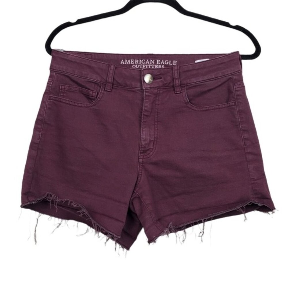 American Eagle Womens Burgundy Raw Hem Hi-Rise Shortie Denim Jean Shorts Size 8